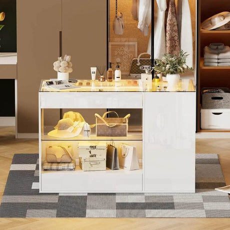 Modern White Glossy Closet Island With Drawers And Light - Omega Lifestyles