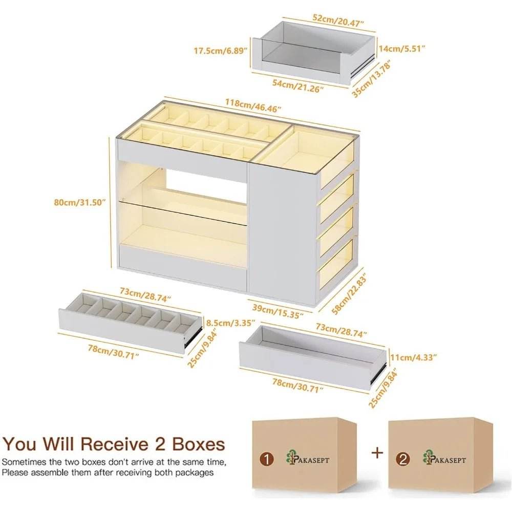 Modern White Glossy Closet Island With Drawers And Light - Omega Lifestyles