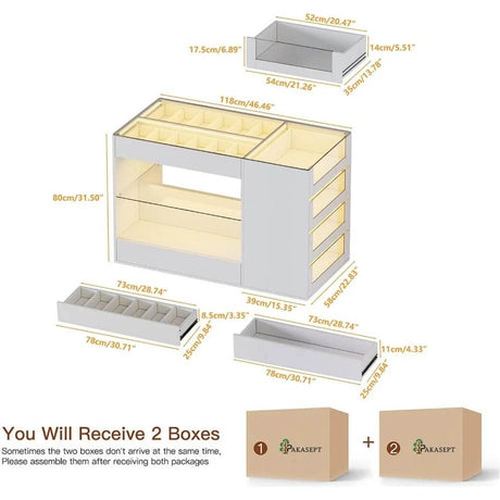 Modern White Glossy Closet Island With Drawers And Light - Omega Lifestyles