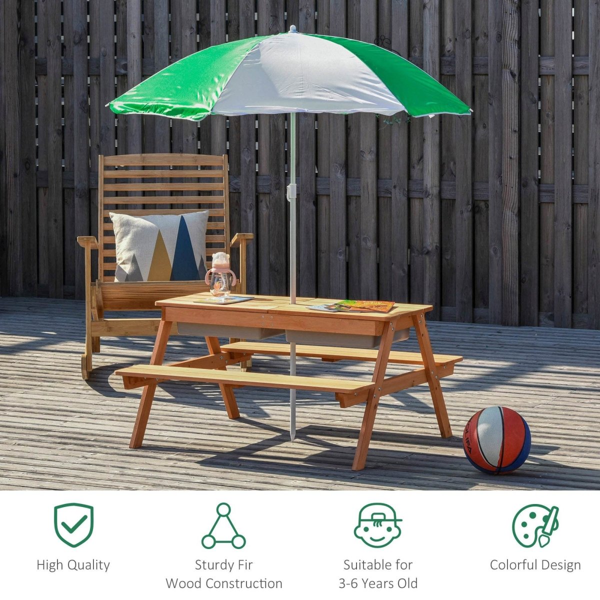 Kids Wooden Outdoor Picnic Table With Adjustable Umbrella - Outsunny - Omega Lifestyles