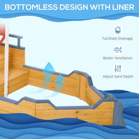 Wooden Kids Pirate Sandbox With Bench Storage Seating - Outsunny - Omega Lifestyles