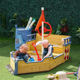 Wooden Kids Pirate Sandbox With Bench Storage Seating - Outsunny - Omega Lifestyles
