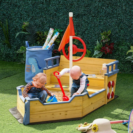 Wooden Kids Pirate Sandbox With Bench Storage Seating - Outsunny - Omega Lifestyles