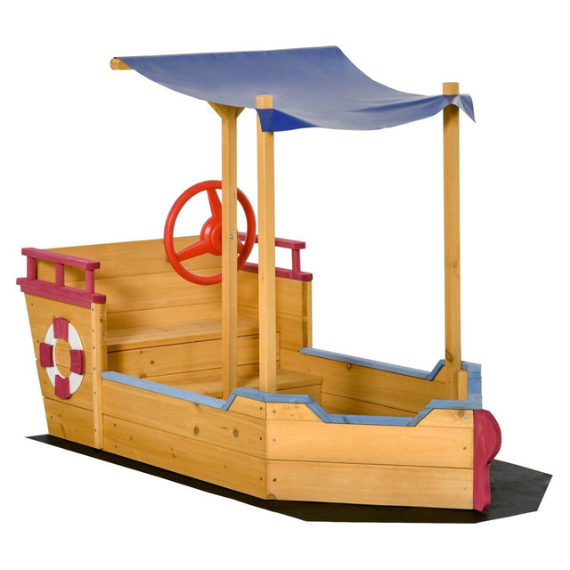 Wooden Pirate Ship Sandbox With Canopy and Storage Bench - Outsunny - Omega Lifestyles