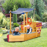 Wooden Pirate Ship Sandbox With Canopy and Storage Bench - Outsunny - Omega Lifestyles