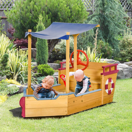 Wooden Pirate Ship Sandbox With Canopy and Storage Bench - Outsunny - Omega Lifestyles