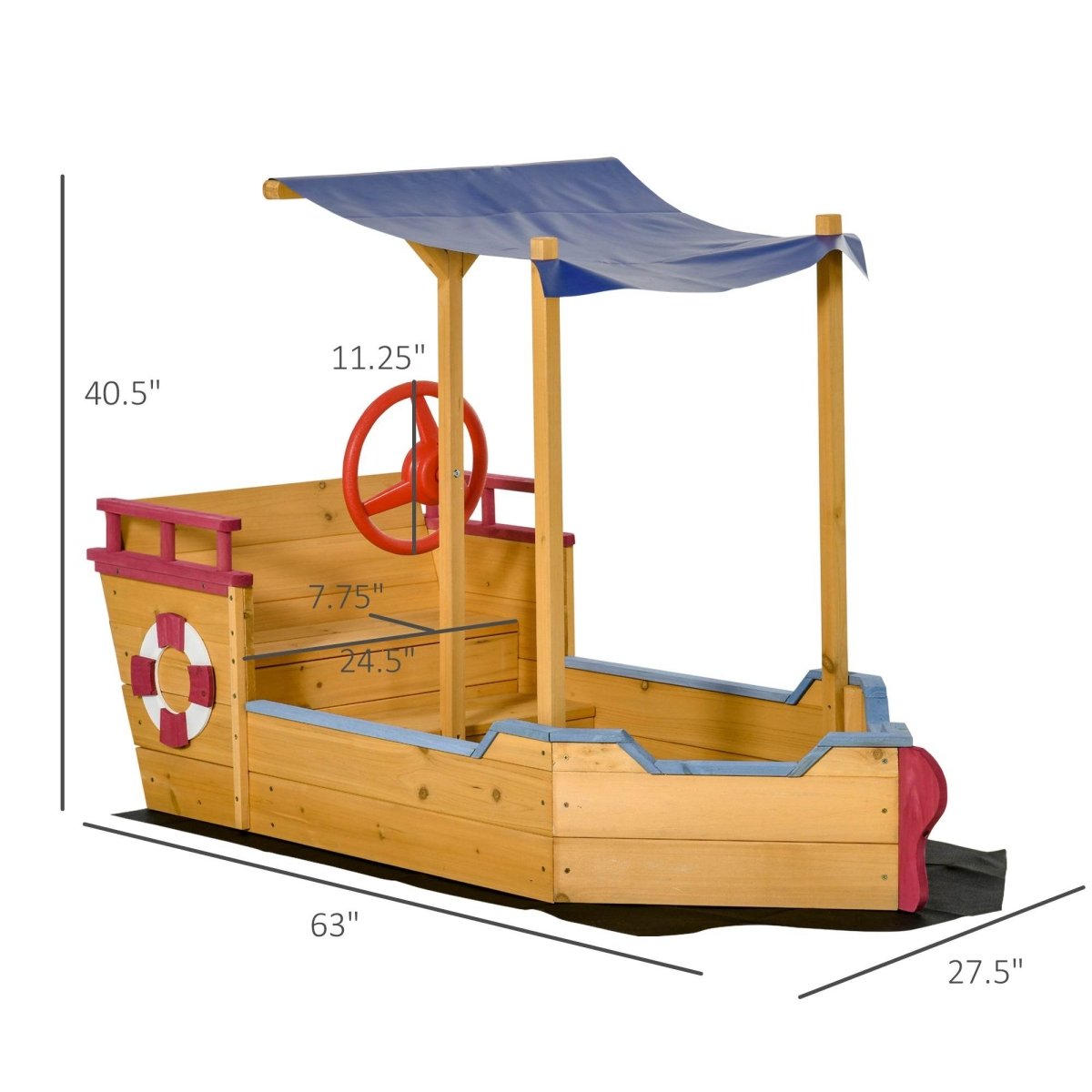 Wooden Pirate Ship Sandbox With Canopy and Storage Bench - Outsunny - Omega Lifestyles
