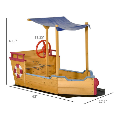 Wooden Pirate Ship Sandbox With Canopy and Storage Bench - Outsunny - Omega Lifestyles