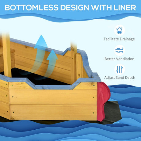 Wooden Pirate Ship Sandbox With Canopy and Storage Bench - Outsunny - Omega Lifestyles