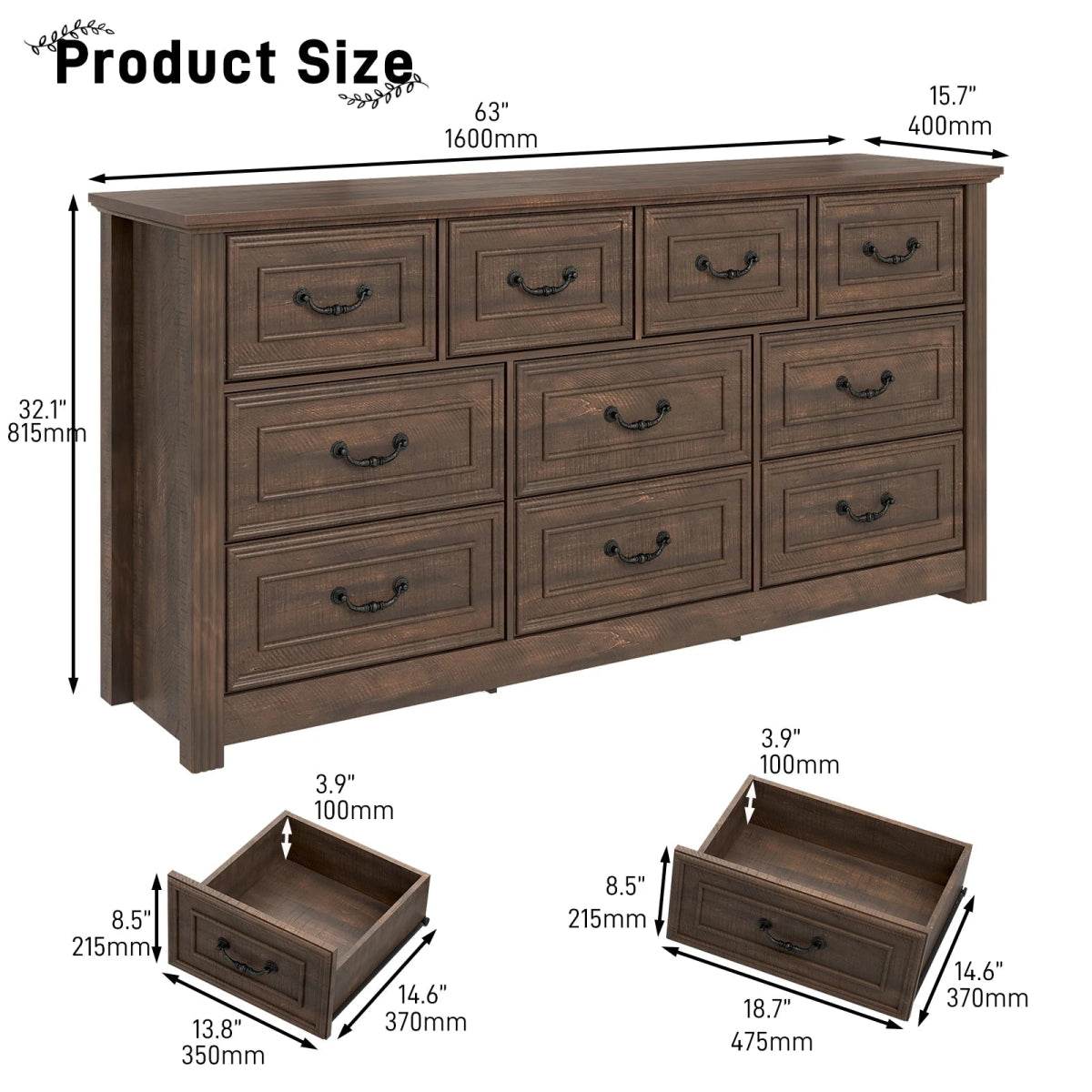 Farmhouse 10-Drawer Engineered Wood Dresser - Omega Lifestyles
