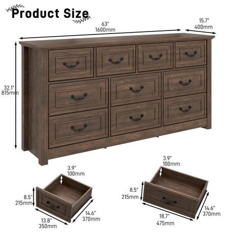 Farmhouse 10-Drawer Engineered Wood Dresser - Omega Lifestyles