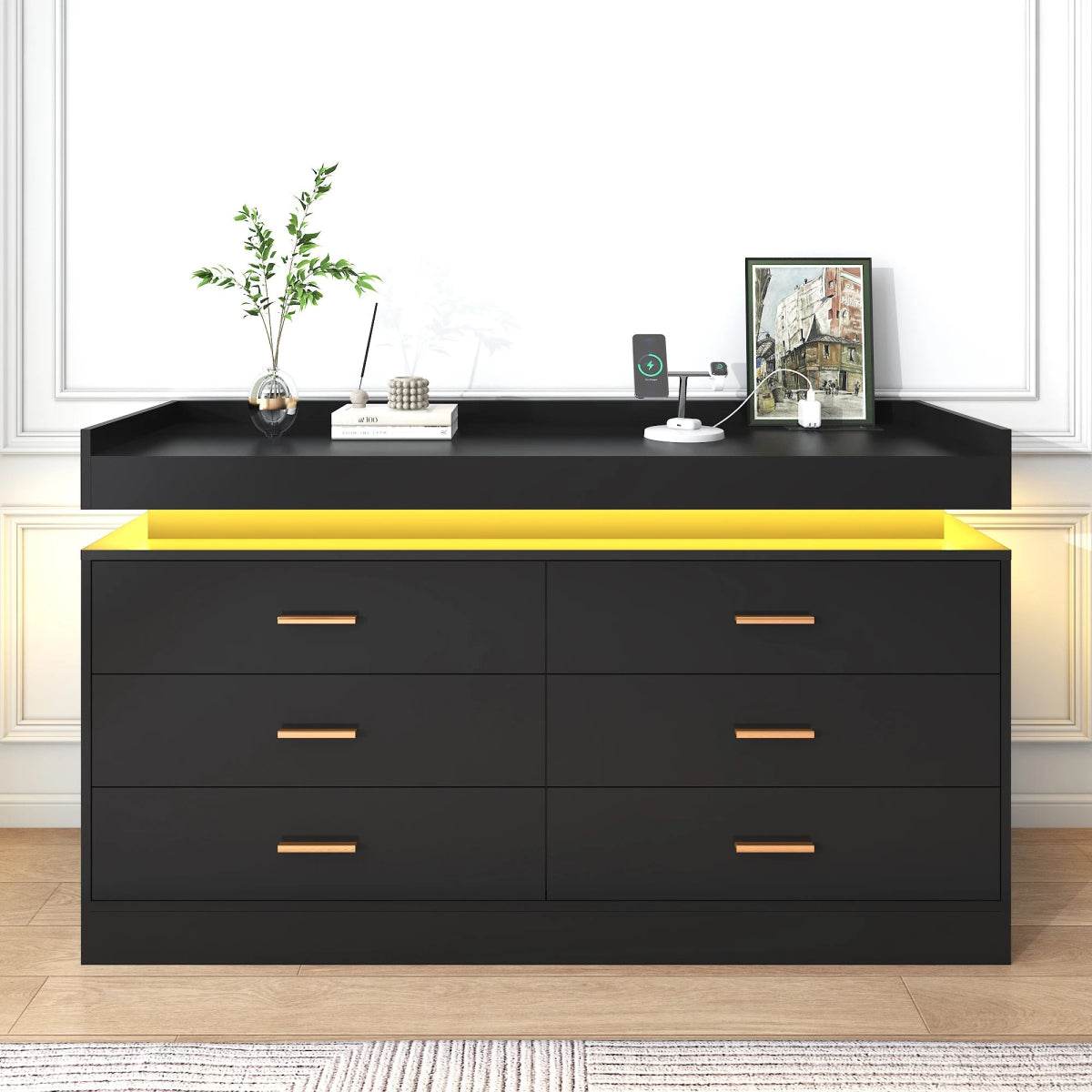 Modern 6 Drawer Wooden Dresser With LED Light - Omega Lifestyles