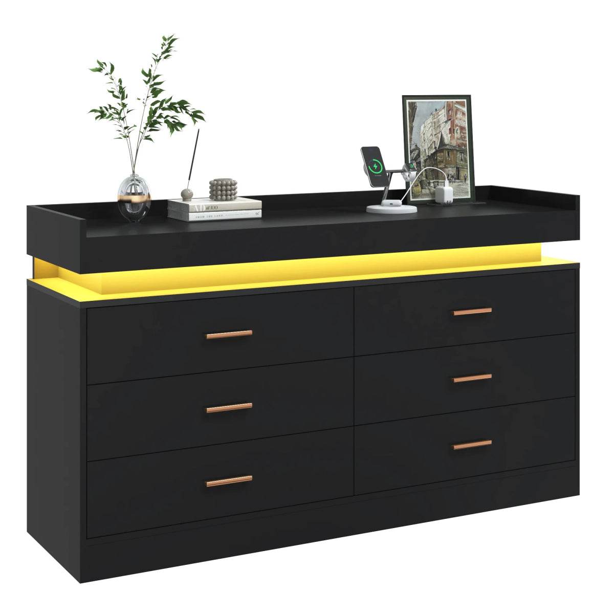 Modern 6 Drawer Wooden Dresser With LED Light - Omega Lifestyles