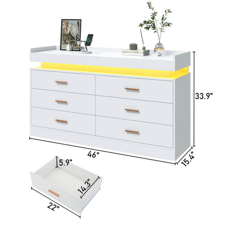 Modern 6 Drawer Wooden Dresser With LED Light - Omega Lifestyles
