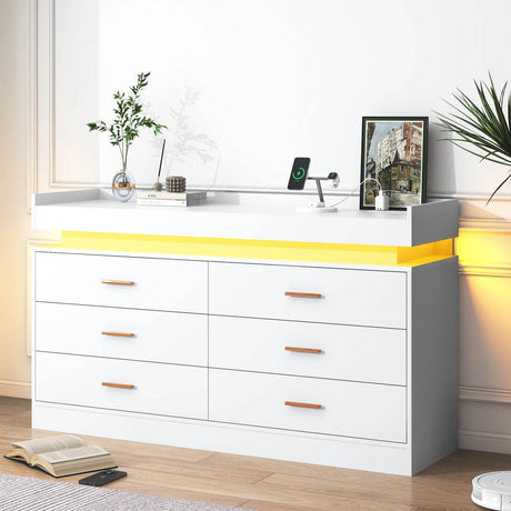 Modern 6 Drawer Wooden Dresser With LED Light - Omega Lifestyles