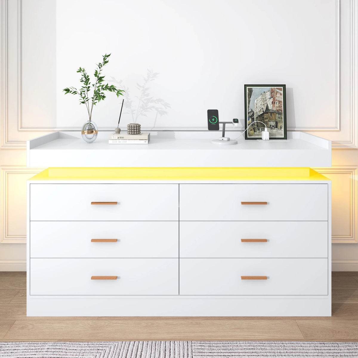 Modern 6 Drawer Wooden Dresser With LED Light - Omega Lifestyles
