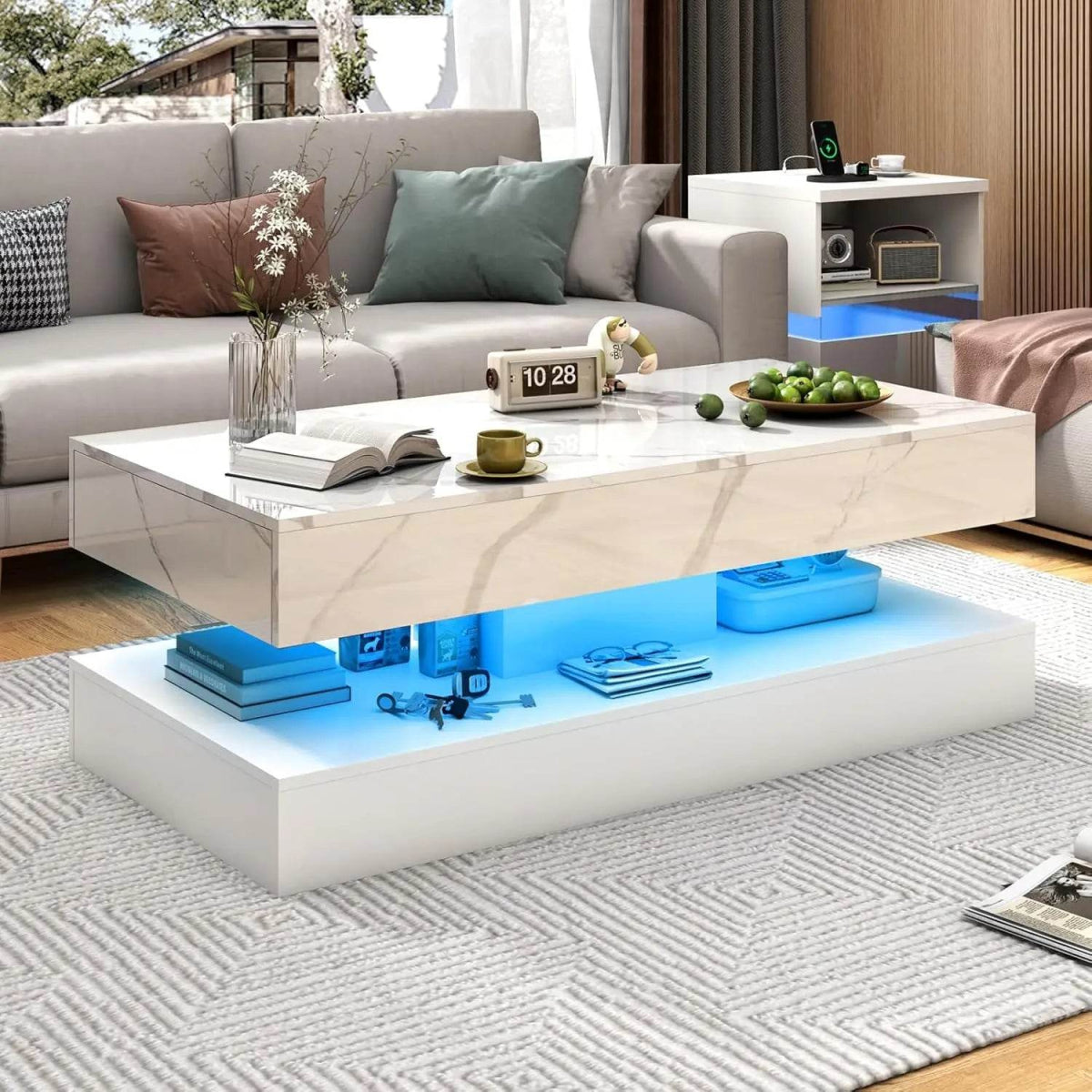 Modern LED Coffee Table With Storage Drawers - Omega Lifestyles