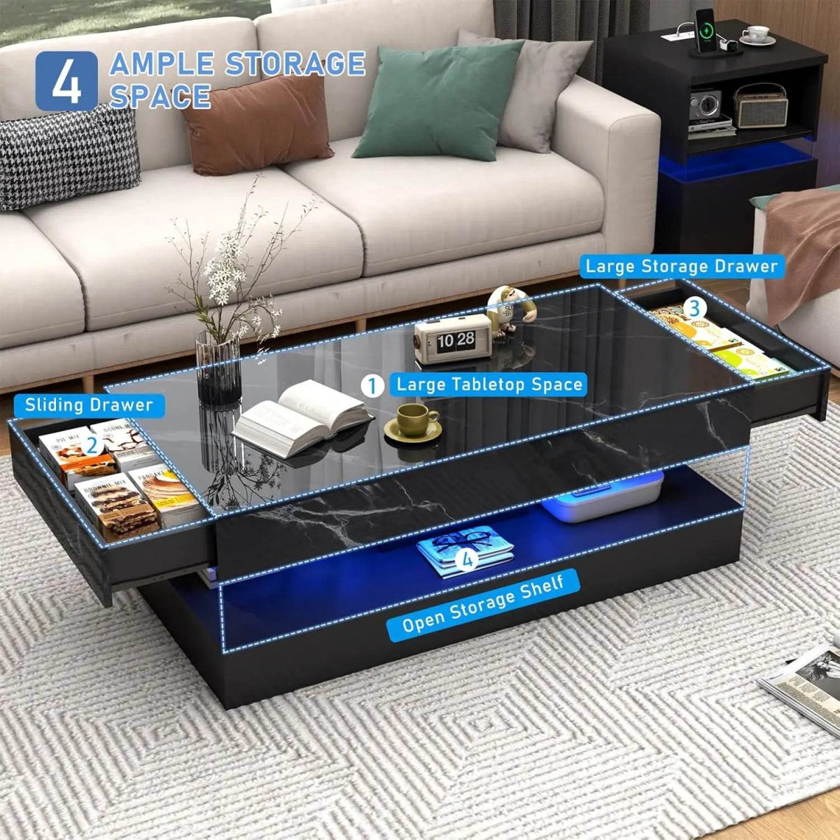 Modern LED Coffee Table With Storage Drawers - Omega Lifestyles