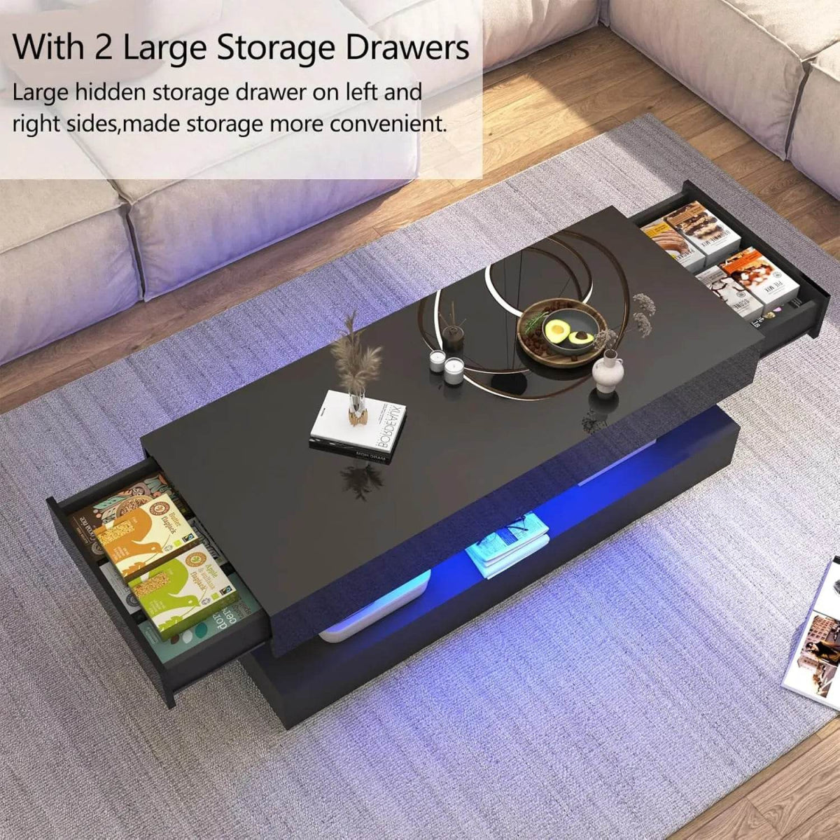 Modern LED Coffee Table With Storage Drawers - Omega Lifestyles