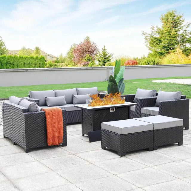 7-Piece Outdoor Wicker Furniture Set With Fire Pit Table - Omega Lifestyles