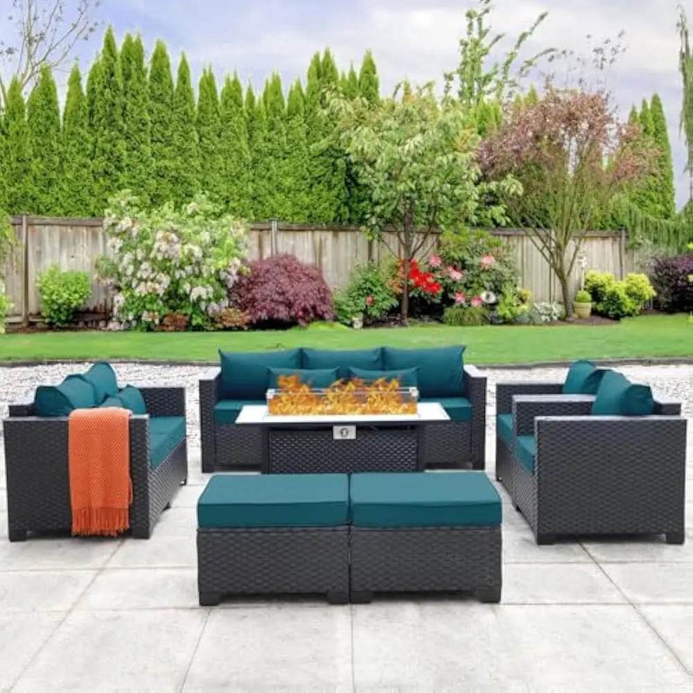 7-Piece Outdoor Wicker Furniture Set With Fire Pit Table - Omega Lifestyles