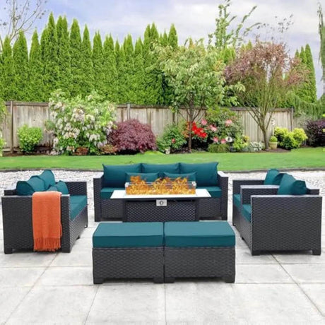 7-Piece Outdoor Wicker Furniture Set With Fire Pit Table - Omega Lifestyles