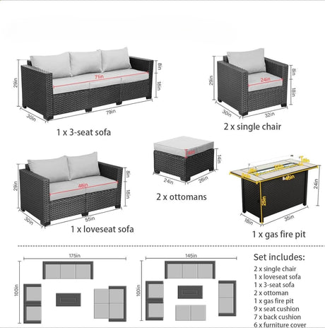 7-Piece Outdoor Wicker Furniture Set With Fire Pit Table - Omega Lifestyles