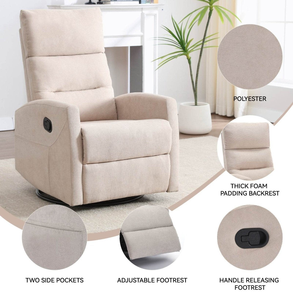Beige Medium - Firm Rocking Swivel Manual Recliner Chair - Reposea - Omega Lifestyles