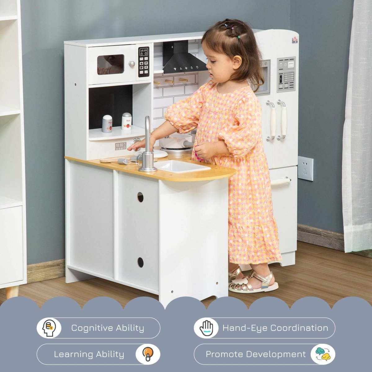 Educational Large White Silver MDF Kids Play Kitchen Set - Reposea - Omega Lifestyles