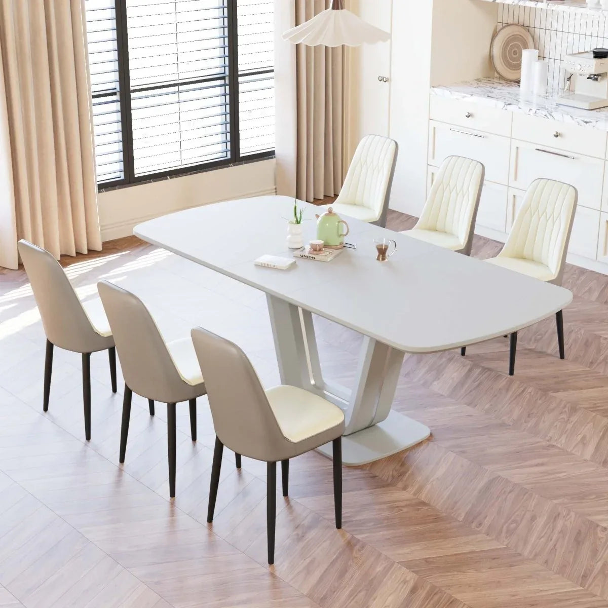 Expandable MDF Dining Table Set With Six PU Chairs - Omega Lifestyles