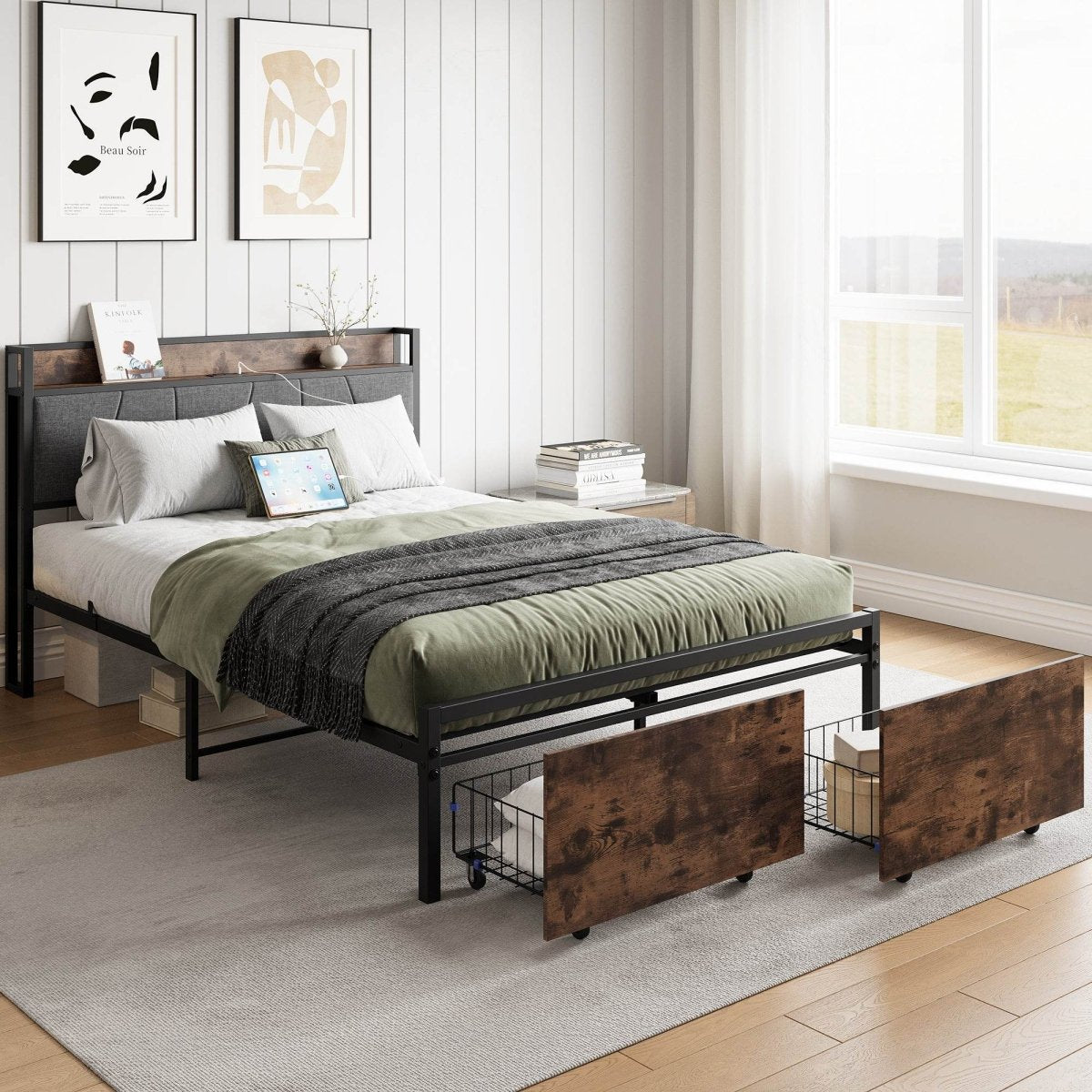 Full Size Bed Frame With Storage Headboard And Charging - Reposea - Omega Lifestyles