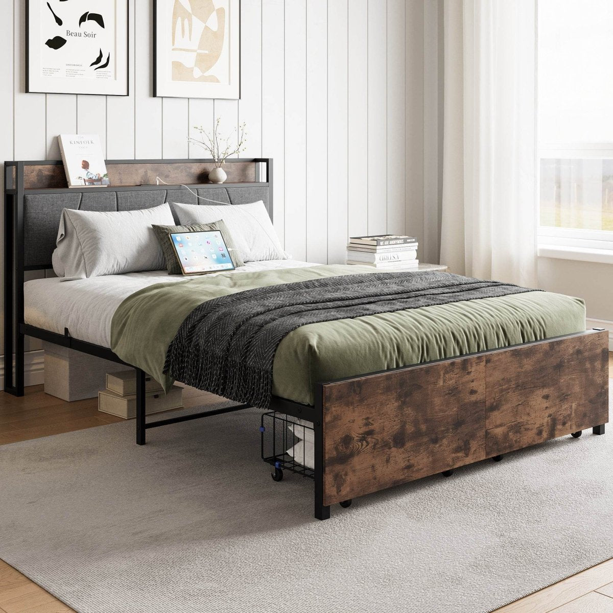Full Size Bed Frame With Storage Headboard And Charging - Reposea - Omega Lifestyles