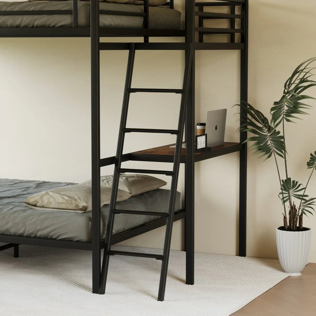 Full Size Black Metal Wood Bunk Bed With LED Lights - Omega Lifestyles