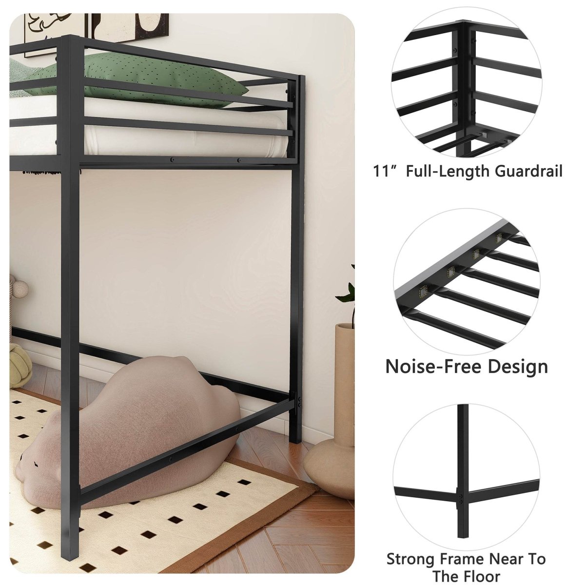 Junior Twin Metal Loft Bunk Bed With Ladder And Guardrails - Reposea - Omega Lifestyles