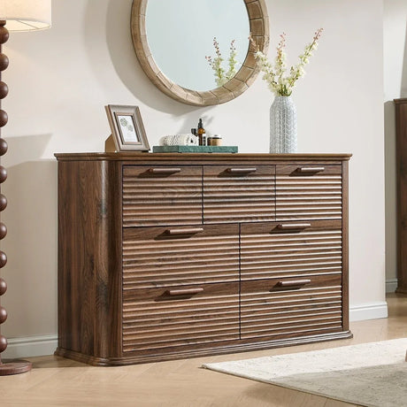 Modern 7-Drawer Walnut Wood Dresser With Curved Profile - Omega Lifestyles