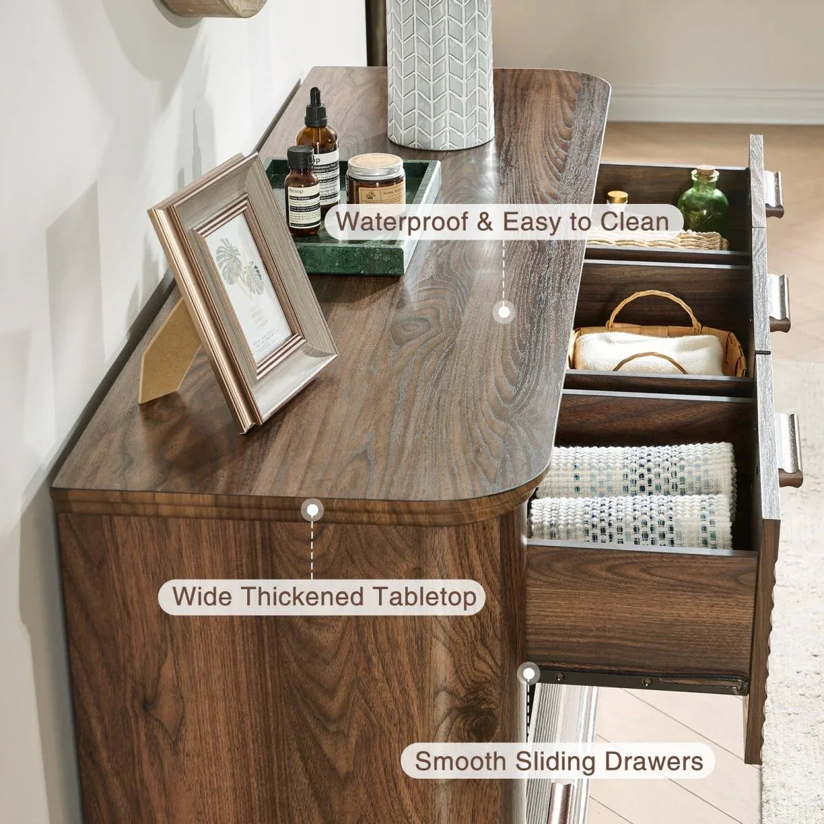 Modern 7-Drawer Walnut Wood Dresser With Curved Profile - Omega Lifestyles