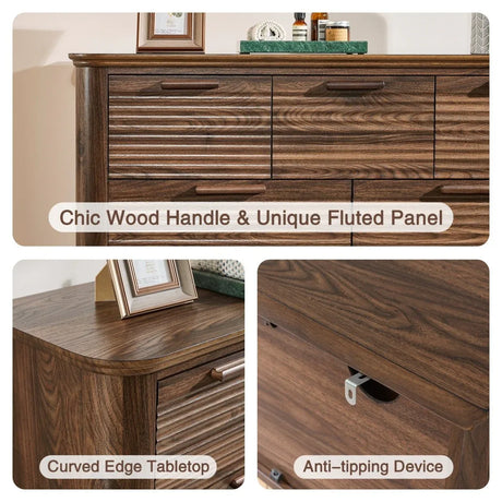 Modern 7-Drawer Walnut Wood Dresser With Curved Profile - Omega Lifestyles