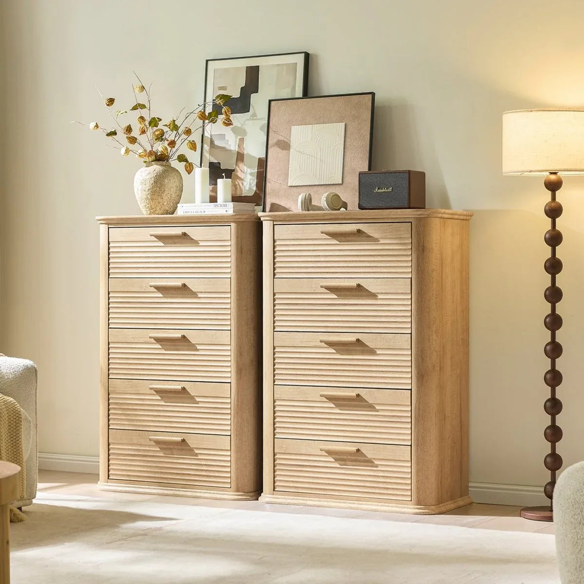 Modern Oak 5-Drawer Curved Profile Bedroom Dresser - Omega Lifestyles