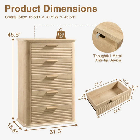 Modern Oak 5-Drawer Curved Profile Bedroom Dresser - Omega Lifestyles