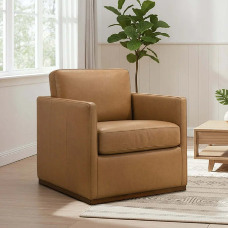 Tan Leather Swivel Lounge Chair With Plush Cushion - Omega Lifestyles
