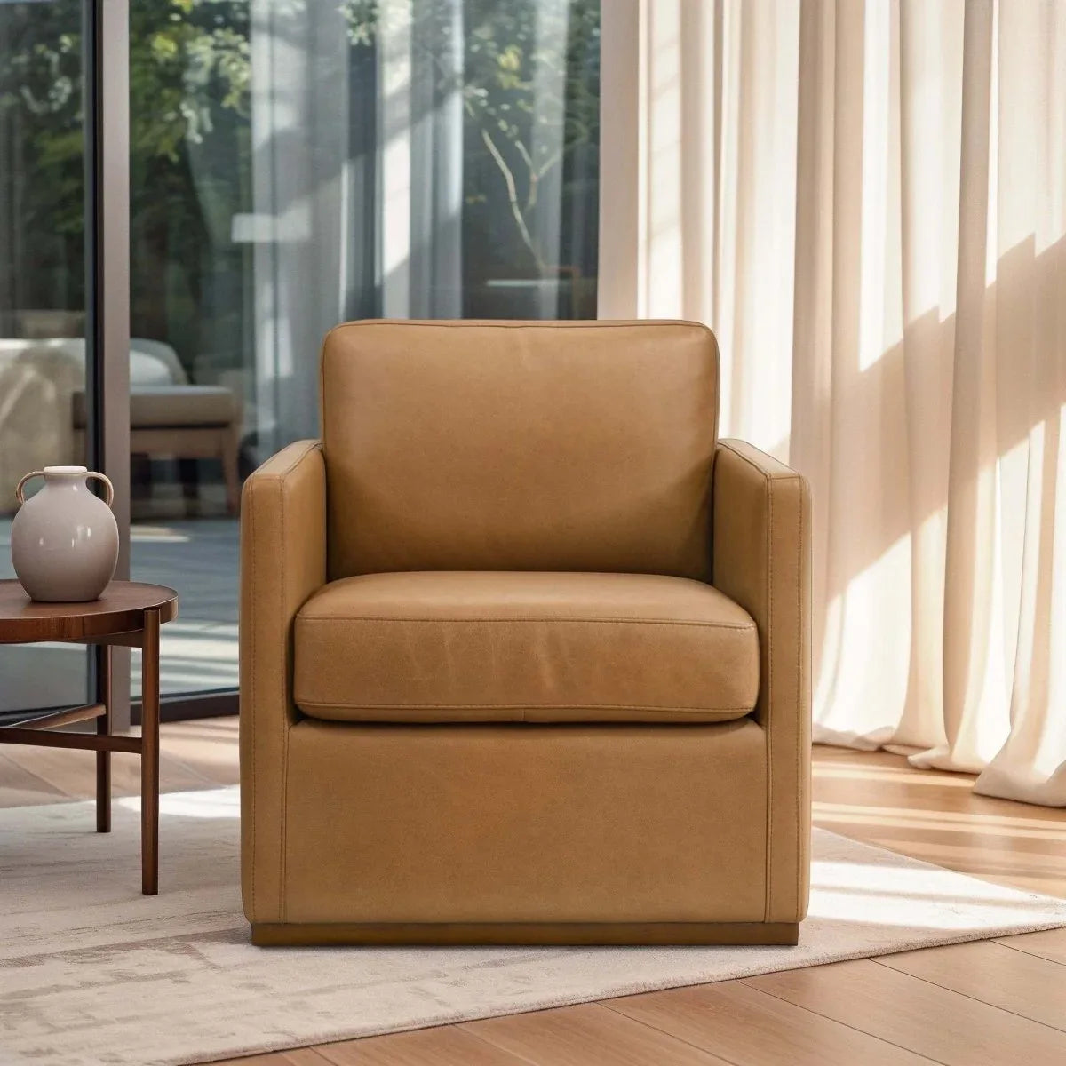 Tan Leather Swivel Lounge Chair With Plush Cushion - Omega Lifestyles