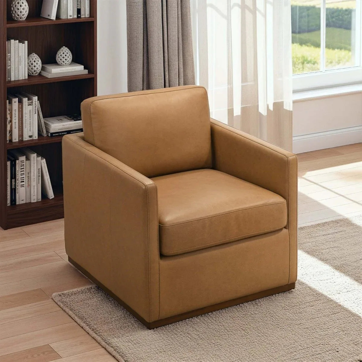 Tan Leather Swivel Lounge Chair With Plush Cushion - Omega Lifestyles