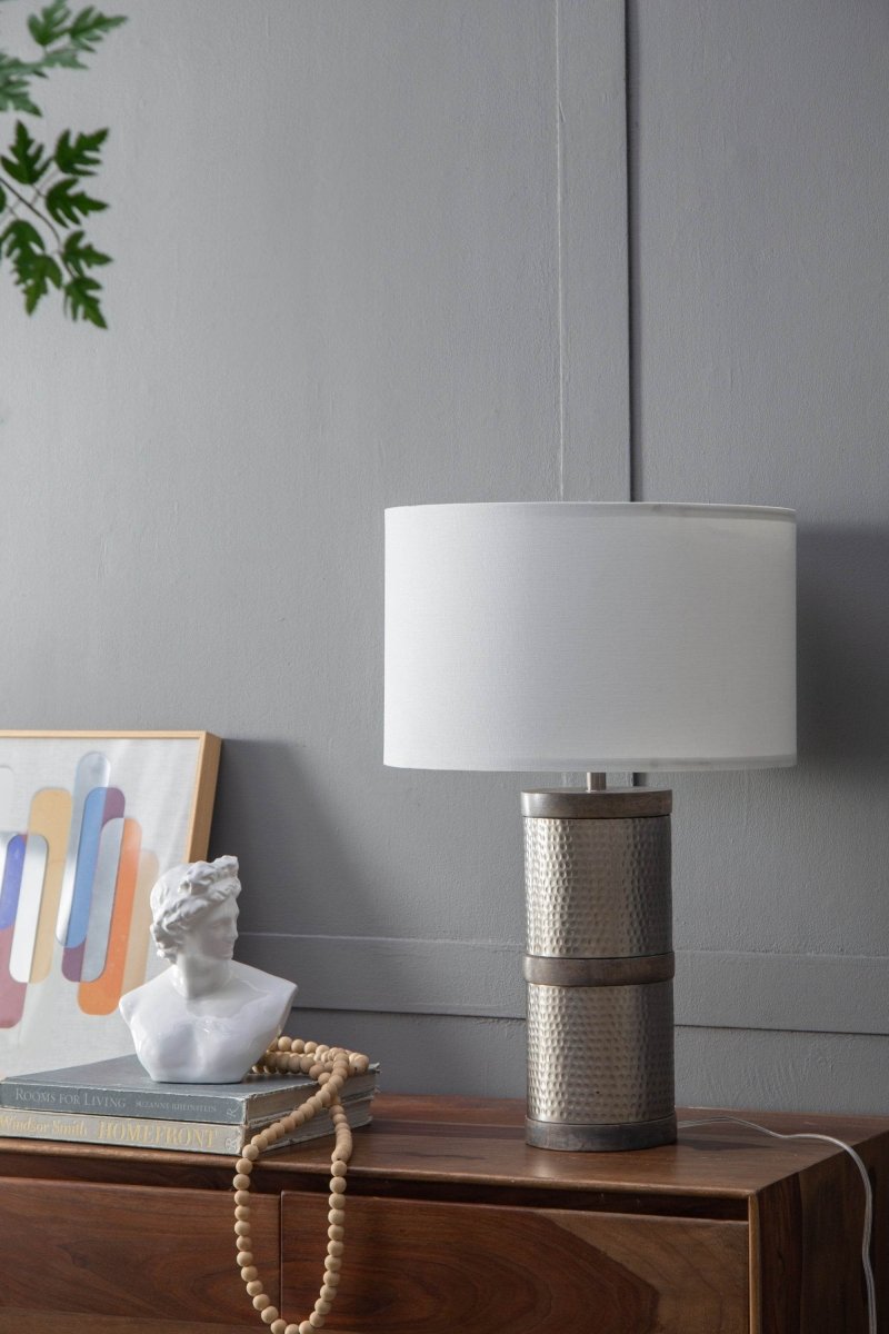 Hammered Iron Mango Wood Fabric Drum Table Lamp - Sleep Galleria