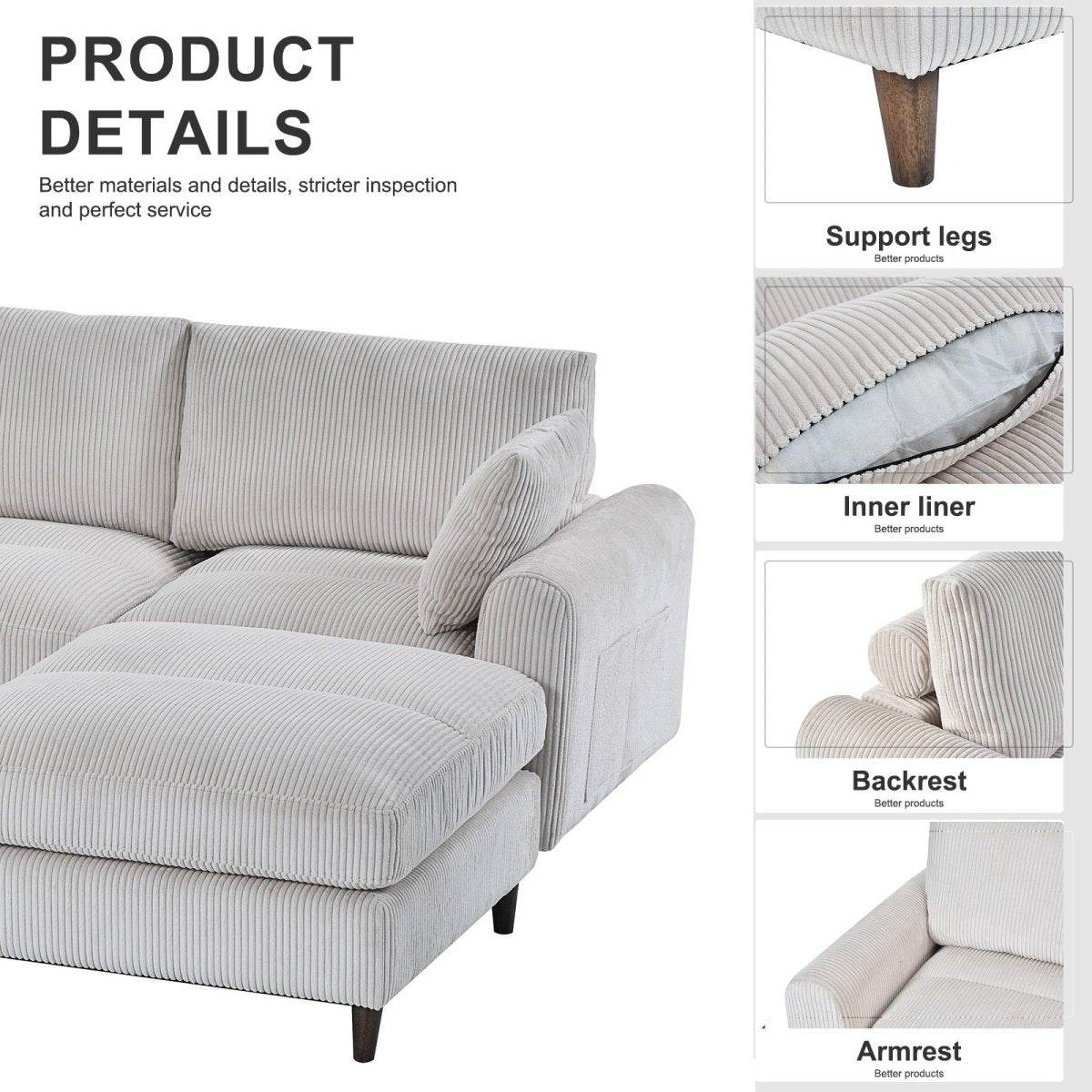 Mid-Century Modern Corduroy Modular Sectional Sofa - Sleep Galleria