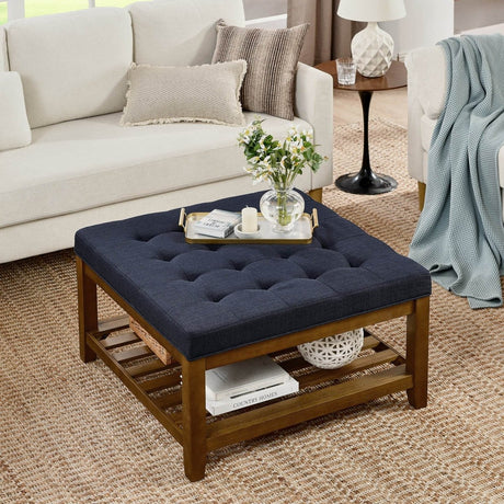 Tufted Linen Square Ottoman With Beech Wood Shelf - Omega Lifestyles