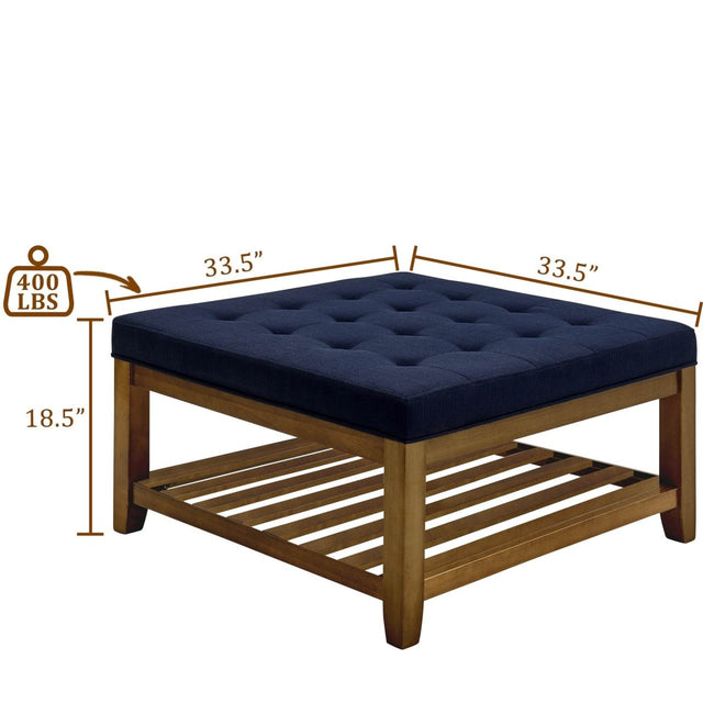 Tufted Linen Square Ottoman With Beech Wood Shelf - Omega Lifestyles