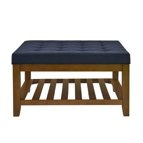 Tufted Linen Square Ottoman With Beech Wood Shelf - Omega Lifestyles