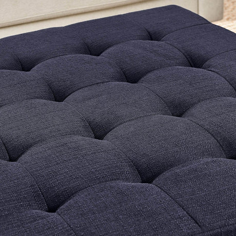 Tufted Linen Square Ottoman With Beech Wood Shelf - Omega Lifestyles