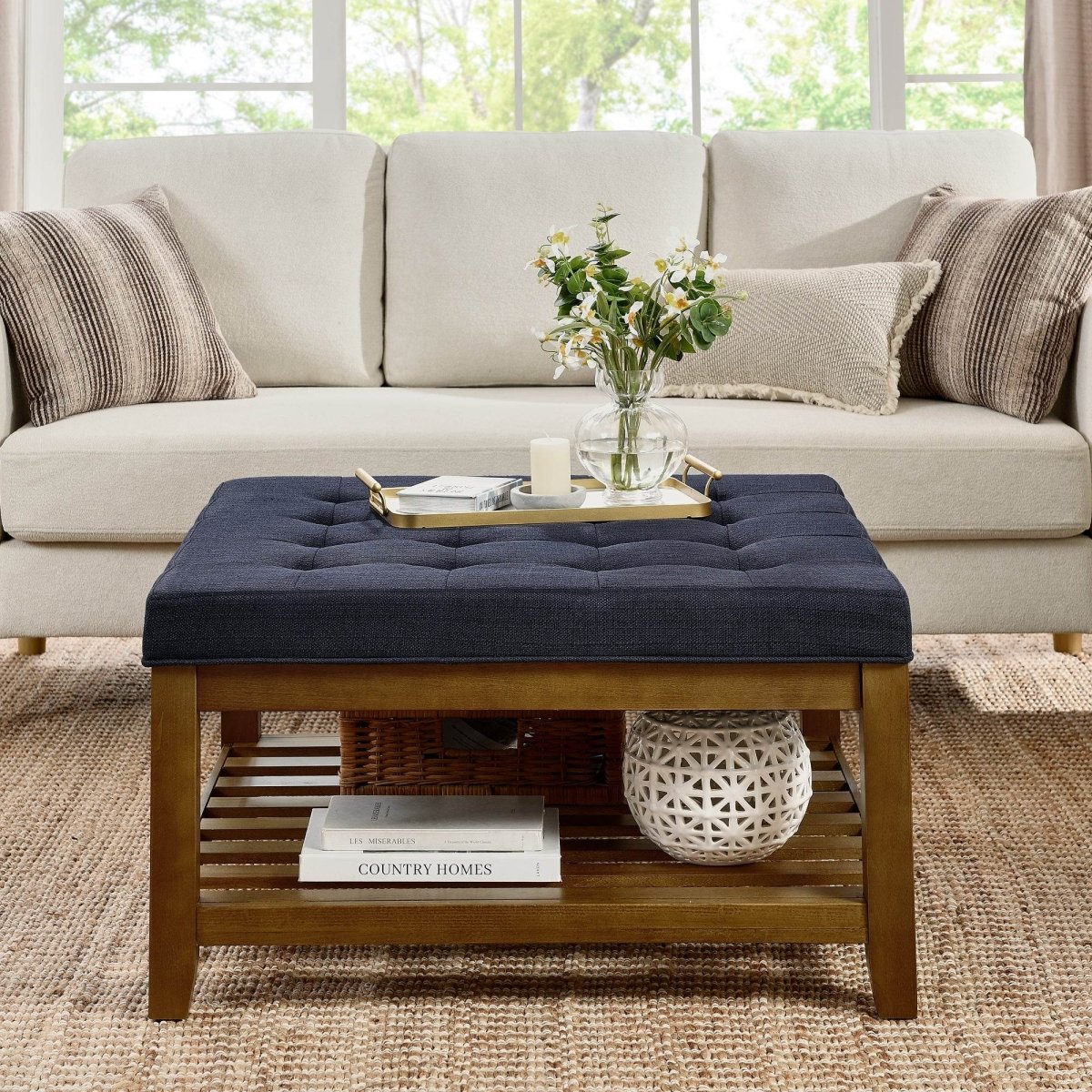Tufted Linen Square Ottoman With Beech Wood Shelf - Omega Lifestyles