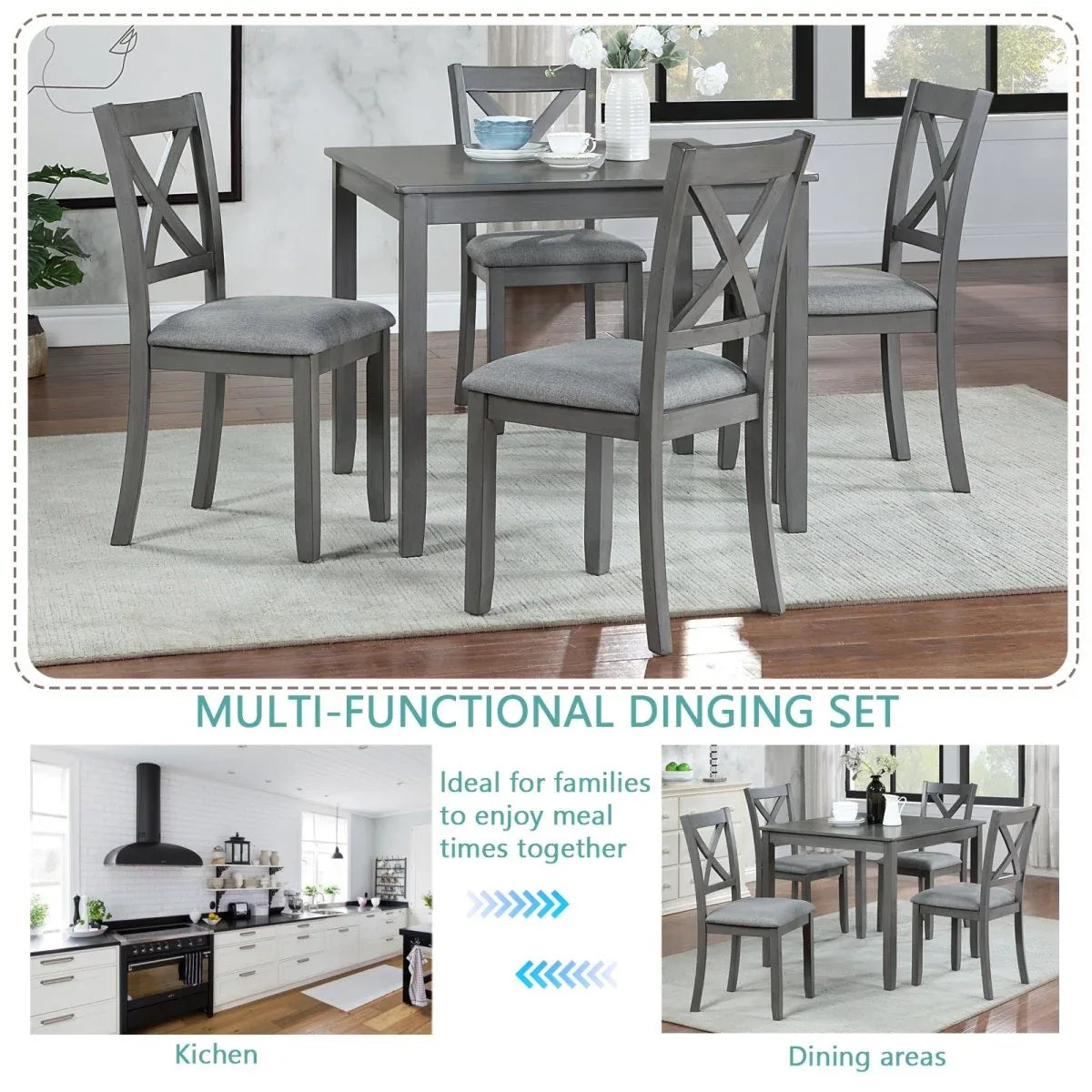 5-Piece Modern Solid Wood Grey Dining Table Set - Omega Lifestyles